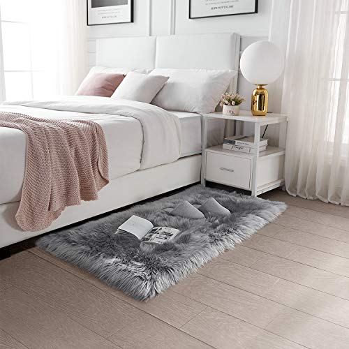 Serissa Ultra Soft Faux Fur Area Rug Grey Fluffy Rug Plush Chair Cover Seat Pad Fuzzy Carpet Furry Besides Rug For Bedroom Floor Sofa Living Room 2X4 Feet (Rectangular, Light Grey) #TOP1