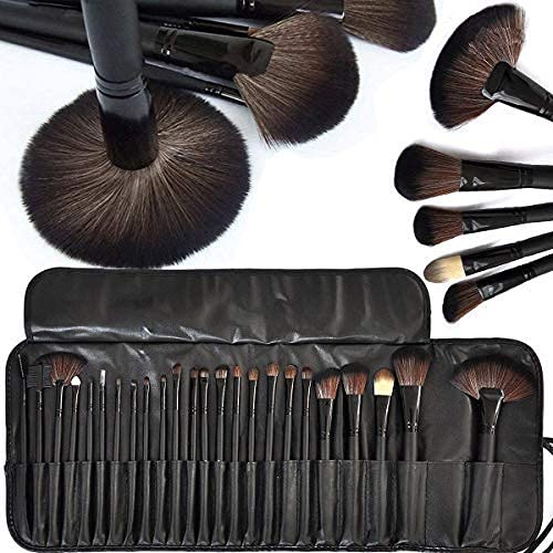 MACPLUS Fiber Bristle Makeup Brush Set with Black Leather Case- BLACK, 24 Pieces