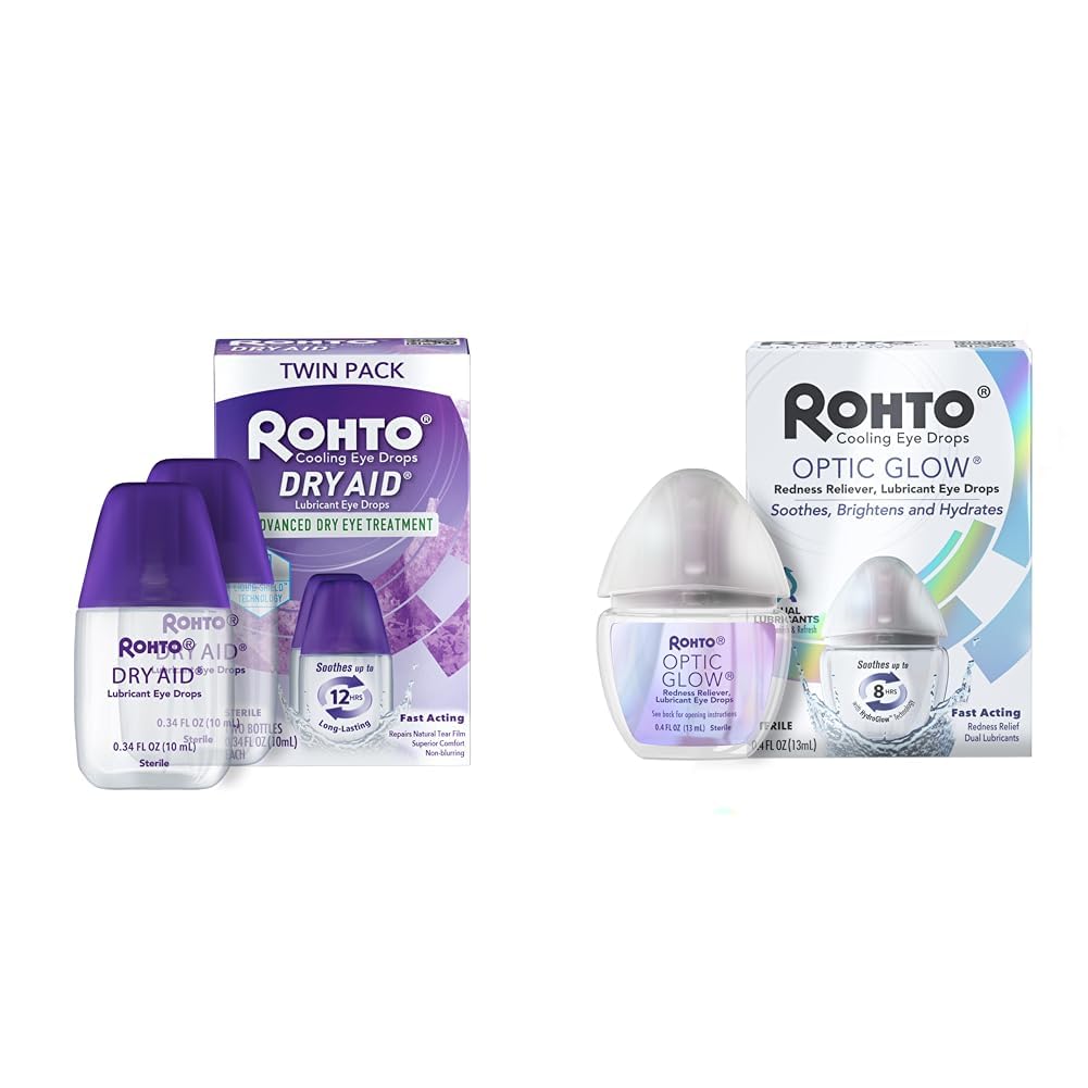Rohto Dry-Aid Eye Relief Twin Pack 0.34 Fl Oz and Rohto Optic Glow Redness Reliever Lubricant Eye Drops