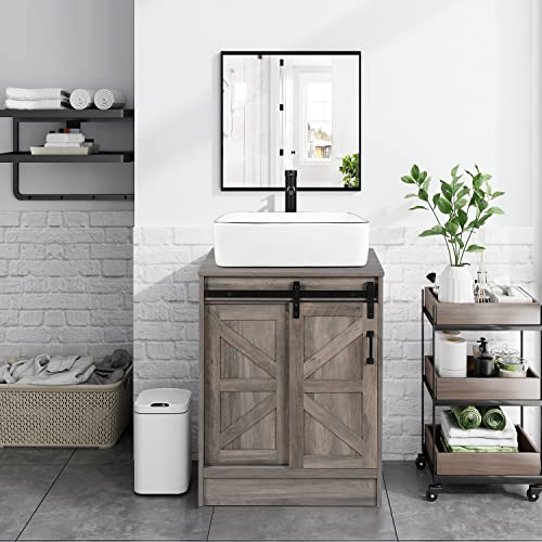 24" Barn Door Bathroom Vanity, Farmhouse Style Standing Pedestal Cabinet with Square White Ceramic Vessel Sink