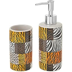 Dispensador Para Animales Set de dispensador y portacepillos de Animal Print de cerámica marrón - LOLAhome