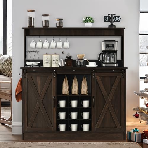 Farmhouse-Coffee-Bar-Cabinet-with-6-Hooks-47-Inch-Coffee-Bar-Hutch-with-9-Wine-Racks-Coffee-Bar-Table-with-Sliding-Barn-Door-Wine-Bar-with-Adjustable-Shelves-for-Dining-Living-Room-Dark-Oak Farmhouse Coffee Bar Cabinet with 6 Hooks 47 Inch Coffee Bar Hutch with 9 Wine Racks Coffee Bar Table with Sliding Barn Door Wine Bar with Adjustable Shelves for Dining Living Room Dark Oak