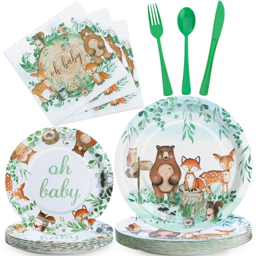 Gudvilla 150 Pcs Woodland Baby Shower Decorations, Woodland Baby Shower Plates and Napkins 25 Guests, Oh Baby Plates for Green Animals Creatures Neutral Forest
