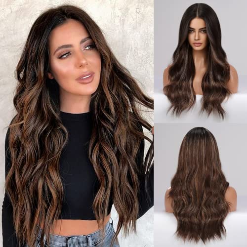 BLONDE UNICORN Long Wavy Ombre Brown with Blonde Highlight Black Root to Brown Synthetic Wig for Women…