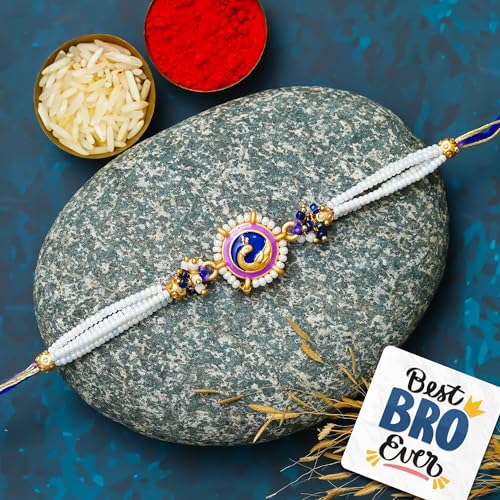 Image of eCraftIndia Beautiful Peacock Rakhi | Best Bro Ever Fridge Magnet | Roli Chawal Pack | Designer Rakhi for Brother Bhaiya Bhai Bhabhi Kids