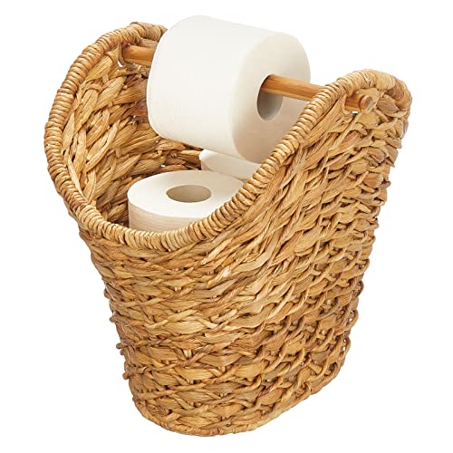 mDesign Rustic Farmhouse Water Hyacinth Toilet Paper Holder/Dispenser Basket with Dowel Rod - Storage Organizer for Master or Guest Bathroom Organization - Holds 5 Rolls of Toilet Paper - Natural/Tan