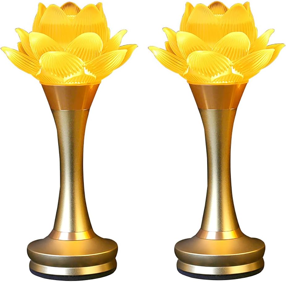 1Pair - LED Glazed Lotus Buddhist Lamp, Light offering Before Buddha, USB Rechargeable Lotus Light, Temple Decoration & Faith Supplies - 8 inches