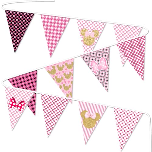 Image of Dis-ney Iconic Minnie Banner Birthday Party Decorations Pink Mouse Bday Banner for Girls, Pink And Gold Minnie Themed Mouse Inspired Happy Bday Decors, Bday Party Yard Sign