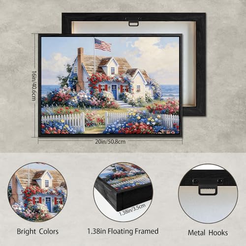 Image of American Flag Framed Canvas Wall Art, 4th of July Floral Canvas Prints, Summer Cottage Landscape Patriotic Decorations, Vintage Independence Day Wall Decor for Bedroom Living Room Office 16x20