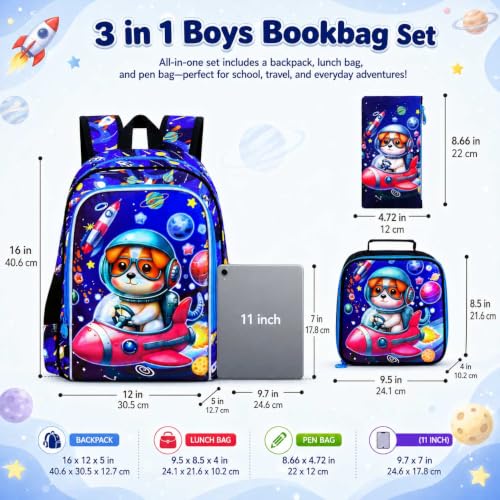 Image of UFNDC 3PCS Boys Dog Backpack, Kids Space Bookbag with Lunch Box, Water Resistant Rocket School Bag for Elementary Preschool Toddler