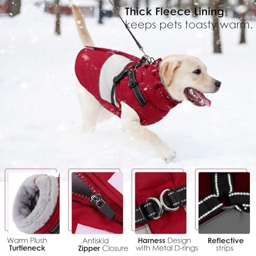 Image of AOFITEE Dog Winter Coat, Dog Coat with Harness Built in, Dogs Jacket for Large Dogs, Reflective Waterproof Pet Puffer Jacket Snowsuit, Warm Fleece Windproof Pet Sweater for Cold Weather, XL