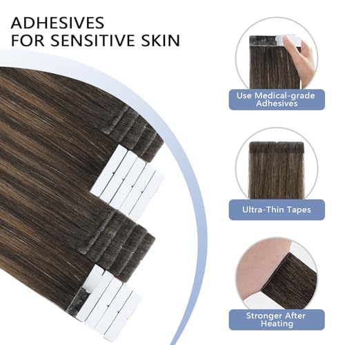 Image of COOKAYU Invisible Tape in Hair Extensions, Balayage Dark Brown to Dirty Blonde 14Inch 20pcs 30g /pack Straight Real Human Hair Invisible Injected Tape in Extensions