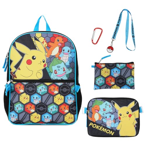 BIOWORLD Boys Pokemon Starters 16 Backpack Five-Piece Set w/Padded Utility Case Medium Utility Case Lanyard with Pokeball Charm and Carabiner (Little Kid/Big Kid) Blue One Size