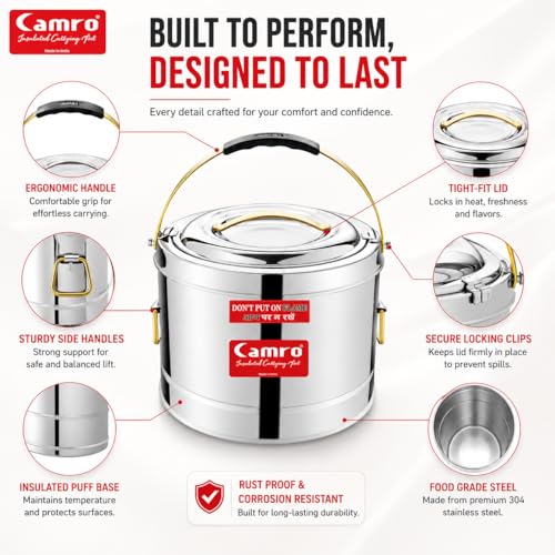 Image of Camro Sambar Pot Stainless Steel 20 Liters | Sambar Container with Lid | Casserole for Cooking | Canteen & Hotel Casserole Container | Picnic HotPot | Biryani Box Puff Insulated Hot & Cold Serving