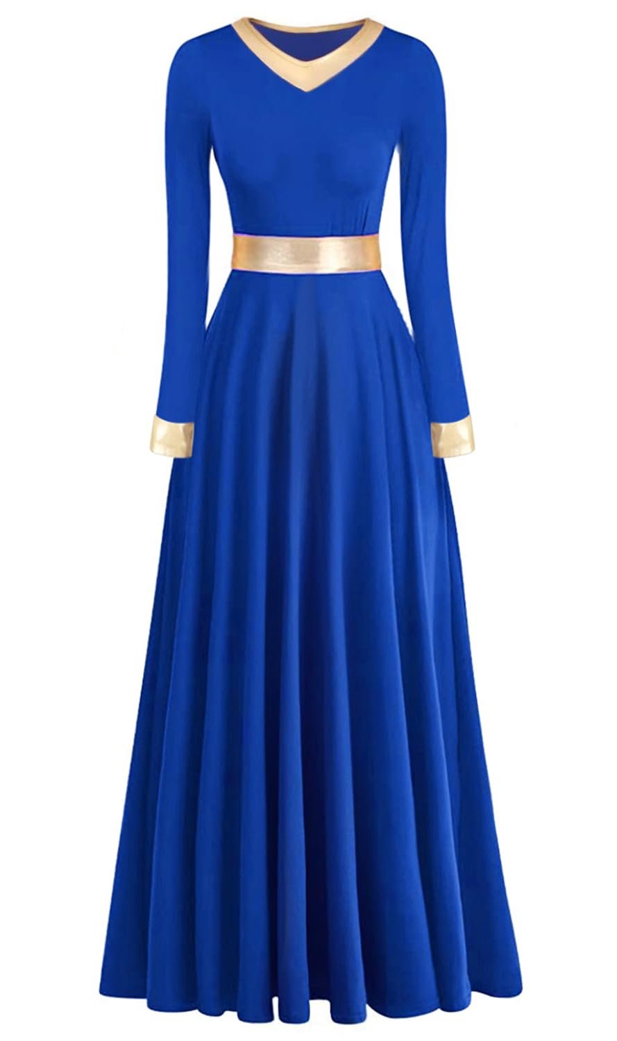 ELLYDOOR Women's Praise Dance Dress Long Sleeve Metallic Gold Liturgical Worship Costume Lyrical Dancewaer Church Robe