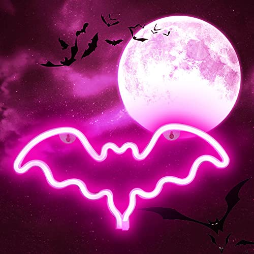 Image of LED Neon Bat Lights, Bat Shape Neon Signs Night Lights Battery Operated Desk Table Lamp for Bedroom, Bar, Wall, Halloween Decor-Bat with Holder Base(Pink)