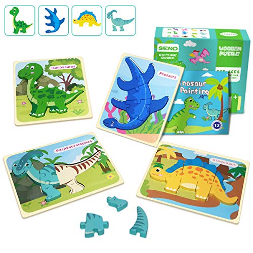 IMMEK Jouet Enfant 3D Dinosaures Puzzles en Bois 1 2 3 4 5 Ans Montessori Educatif Garçon et Fille Jeux Bébé Cadeau Animaux Puzzle 4 Morceaux avec 12 Pages de Livre D'images Couleur, Multicolore