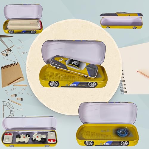 Image of ZAFCO Metal Car Pencil Box for Kids | Compass for Boys | Two in One Pen Box for Students | Car Geometry for School | Pencil Box for Boys | Birthday Return Gift 1 Unit (Yellow)