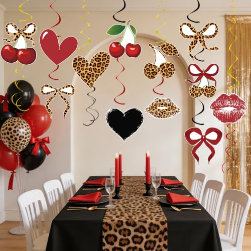 Image of 54PCS Cheetah Cherry Print Party Hanging Swirls Cheetah Cherry Birthday Decorations Leopard Print Party Foil Swirls Ceiling Decorations for Women Girl Bachelorette Parties Sulpplies Galentines Day