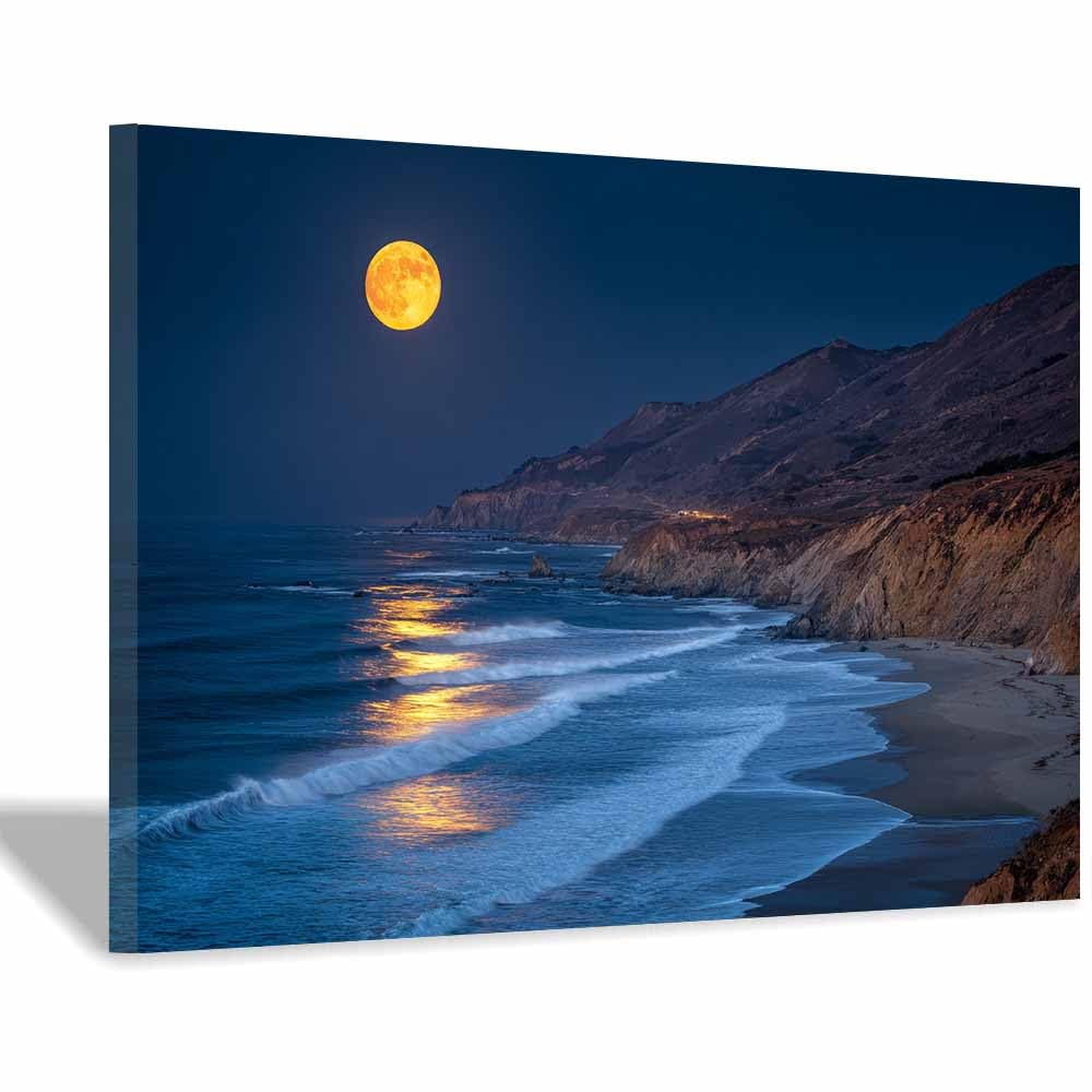 DMZPKZB Landscape Wall Art Moonlit Coastsal Cliffs Landscape Picture Artwork Prints,Vintage Poster Decor,For Living Room,Bedroom,kitchen,Office,Corridor(Multicolor)-50x70cm Framed