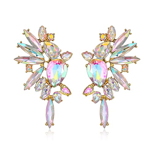 Image of EVER FAITH Crystal Fashion Statement Earrings, Iridescent AB Gold-Tone