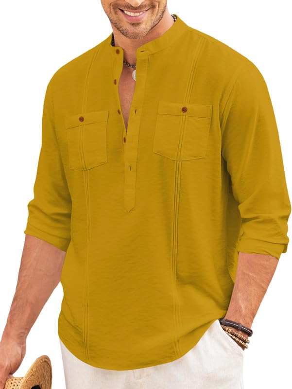 Image of Macsivo Cotton Blend Solid Casual Short Kurta for Men Long Sleeve Mandarin Collar Stylish Shirt Kurta for Men