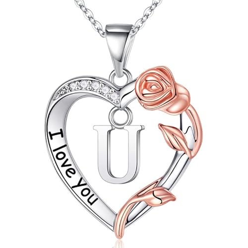 Rose Heart Necklace Gifts for Women Girls, I Love You Rose Love Heart Initial Letter Pendant Necklace Jewelry Mothers Day Valentines Birthday Christmas jewelry Gifts for Women Mom Wife Girlfriend