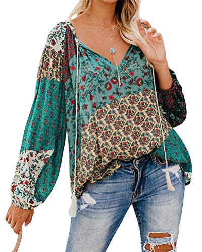 ORANDESIGNE Femme Chemisier en Fluide Blouse Chemise Tunique Lâche T Shirt Top Elegant Col V Manches Longues Imprimée Chemise Automne C Vert 46