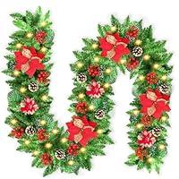 JTSIOV Guirlande Noel 270cm, Guirlande Sapin Artificiel avec Lumières,Fleurs, Pine Cones et Aiguilles de Pin, pour Cheminées, Portes, Fenêtres. Decoration Noel Exterieur ou Interieur