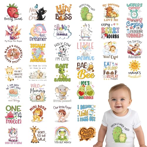 Falueqg DTF Transfers Ready to Press - 36Pcs Onesie Decorating Kit Baby Shower, Cute Animal Iron on Baby Onesie Decals Transfer Patches, Heat Vinyl HTV Stickers for DIY Baby Bibs Bodysuit Supplies