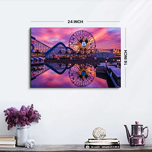 Image of Disney Canvas Wall Art Sunset Disneyland Ferris Wheel Picture Wall Decor for Girls Women Room Decor, Anime Castle Park Landscape Painting Prints Photo Panoramic Artwork Living Room Bedroom Decorations 16x24 inch