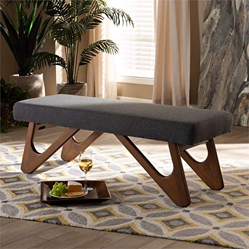 Baxton Studio Rika Dark Grey Upholstered Walnut Brown Boomerang Bench #TOP1