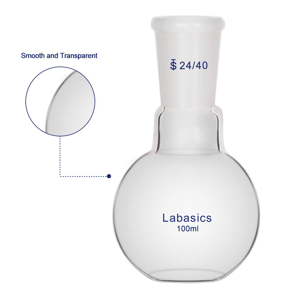 Labasics 100ml Vetro Pallone Laboratorio a Fondo Piatto a Collo Singolo, Single Neck Flat Bottom Boiling Flask Matraccio da laboratorio con Giunto Esterno Conico Standard 24/40-100ml