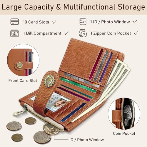 Image of Kelvoris Small Rfid Women Wallet Bifold Zipper Coin Pocket PU Leather Compact Cash Credit Card Holder Travel Wallet for Female Ladies Teen Girls 1 ID Window 10 Card Slots Caramel