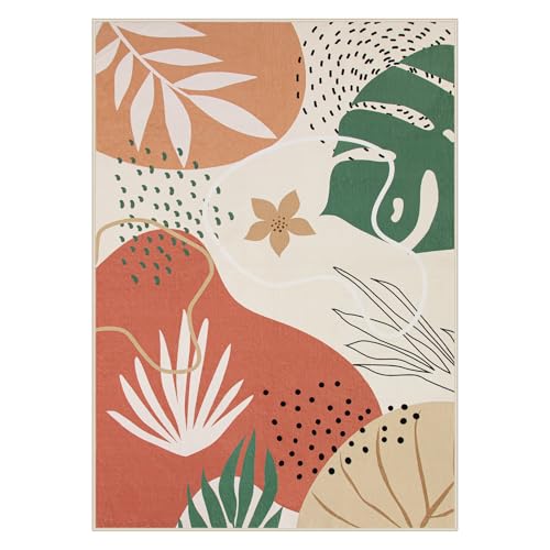 Lahome 5x7 Area Rug for Living Room, Washable Rugs 5x7 for Bedroom Soft Kids Nursery Carpet, Boho Botanical Print Non-Slip Low Pile Carpet for Office Playroom Kitchen Entryway, Coral