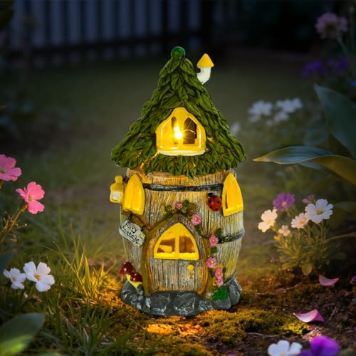 GEYUEYA Home Fairy Garden House with Solar Light Outdoor Figurine Lights Garden Statues Yard Decorations Outdoor Fairy Garden Accessories Decor Gifts for Mom Women 12 Inches Huge Fairyland House