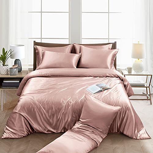 Image of Ersmak 6 Pieces Satin Duvet Cover Full /Queen Size Luxury Silky Bedding Duvet Cover Set with 1 Soft Duvet Cover, 4 Queen Pillowcases and 1 Body Pillowcase, Champagne