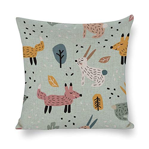 Childish Pattern with Cute Bunny And Fox Merry Christmas Series Cotton Linen Square Home Decorative Throw Pillow Case Cushion Cover for Sofa - 16 x 16 Inches