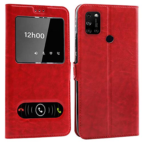 CEKA TECH Coque pour Wiko View 5 (6.55 Pouces), Etui Housse avec FENETRES, Pochette Magnétique (Rouge)