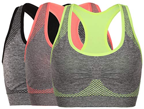 Women's Seamless Sports Bra High Impact Pocket Yoga Bras (38C 38D 40B 40C 40D 42B 42C, 3 Pack:Grey Green Orange)