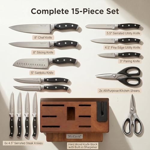 Image of McCook Knife Sets,German Stainless Steel Kitchen Knife Block Set with Built-in Sharpener, 15-Piece Razor-Sharp Kitchen Knives, Forged Triple Rivet,Full Tang,Ergonomic Handle,Elegant Box for Gift