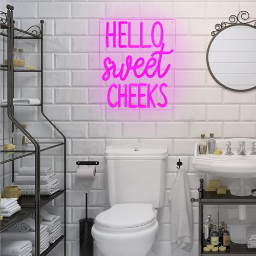 Image of Hello Sweet Cheeks Neon Sign Funny Hello Sweet Cheeks Bathroom Decor Dimmable Neon Signs for Wall Decor Pink LED Bathroom Signs USB Neon Light Up Sign Wall Art Cute Bathroom Shelf Decor for Women