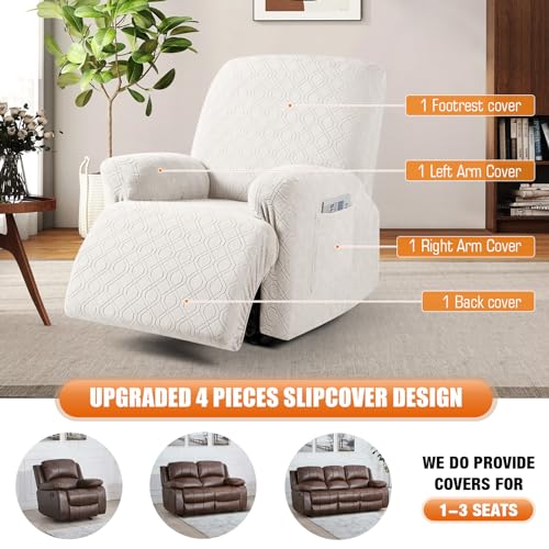 Image of VANSOFY Oversized Recliner Chair Cover, 4-Pieces Stretch Recliner Covers for Recliner Chair Soft Reclining Chair Slipcover Jacquard Pattern Furniture Protector for Dogs Cats(Off White)