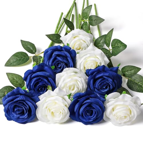 Floralsecret 12 Pcs Artificial Silk Rose Flower Bouquet Faux FlowersWhite&Blue