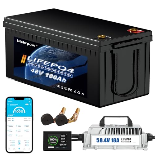 48V Lithium Battery Golf Cart Batteries Kit with Smart 200A BMS 58.4V 18A Charger Touch Monitor & Mobile APP 10000 Rechargeable Cycles 48V 100Ah LiFePO4 Battery for Solar RV and Off Grid Applications