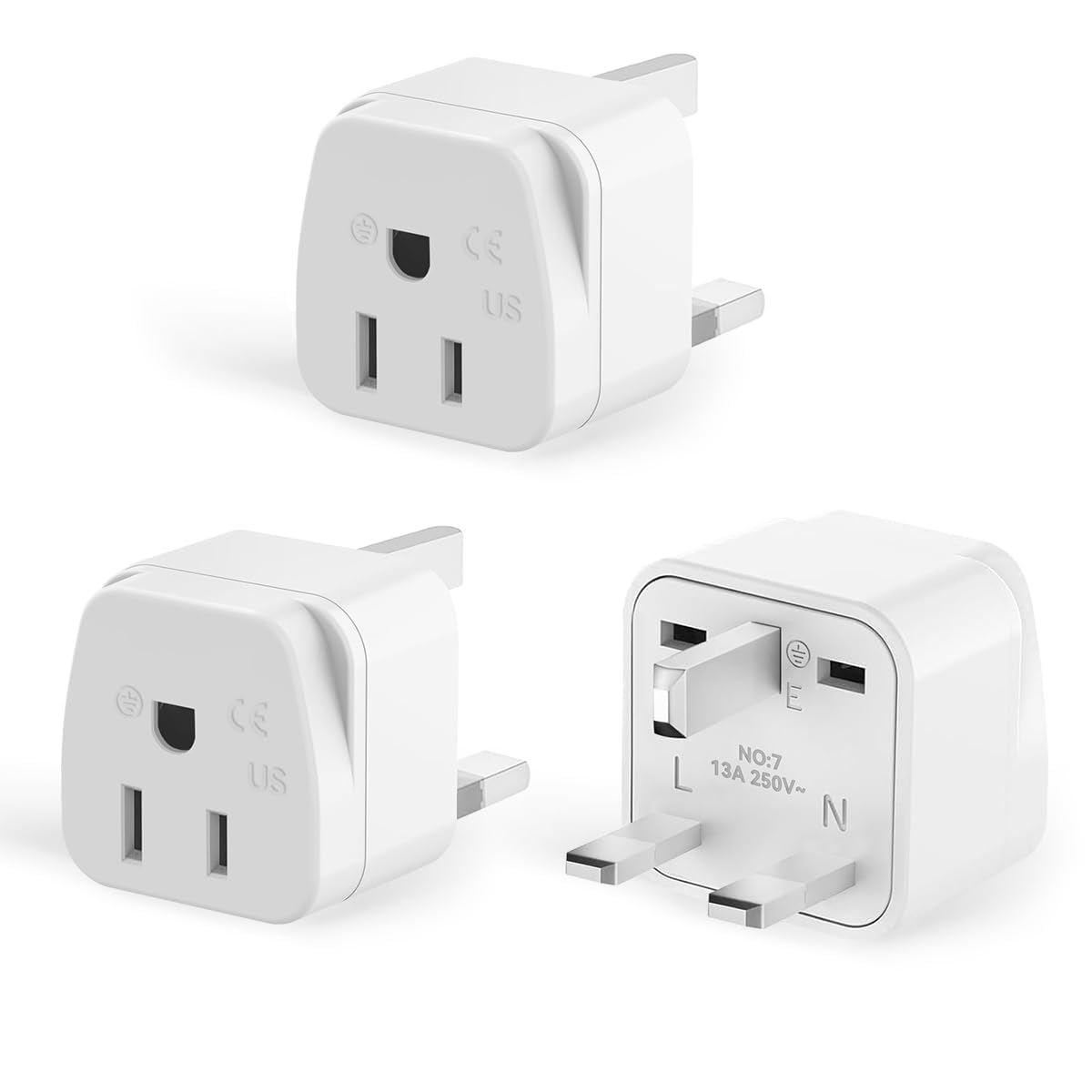 3-Pack US to UK Plug Adapter, 2/3 Pin USA to 3 Pin UK Plug Adaptor,American/Canada/Mexico/Japan to British Plug Converter Power Adapter,for Type A/Type B Plug(White)