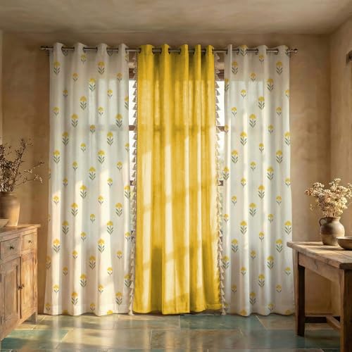 Image of Urban Space Printed 100% Cotton Curtains for Window, Combo Set of 3 Curtains 5 Feet, Tieback & Eyelets Included with Curtains for Home Decor (Aster Yellow and Aura Yellow, 5 Feet)