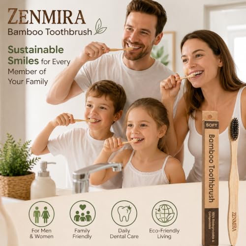 Image of ZENMIRA Bamboo Toothbrush with Activated Charcoal Soft Bristles for Adults, Eco-Friendly BPA-Free Wooden Toothbrush, Biodegradable Natural Handle, Organic Teeth Whitening Brush - (Pack of 3)