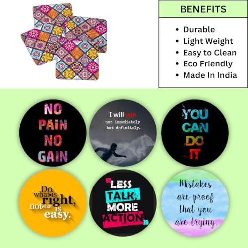 Image of Zesta Coasters for Cups Set of 6 / Wooden Coasters for Bar Accessories for Home /Tea Coaster Set of 6 / Waterproof Dining Table Decor Glass Cover (Motivational, Circle)