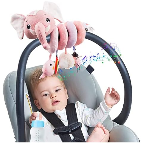 Exsivemy Pram Toys for Babies 0-6 Months, Musical Sensory Toys for Babies, Elephant Spiral Plush Activity Hanging Toys for Babies, Newborn Sensory Baby Toys with Mirror, Squeaker Toys Rattles (Pink) Cover